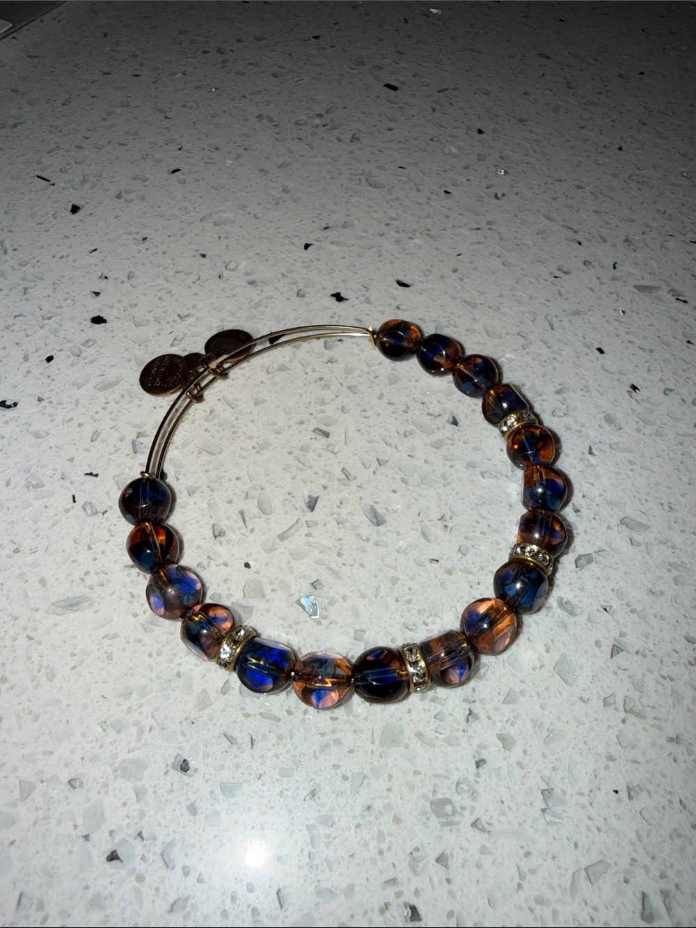 Alex and Ani Blue and Orange Glass Bead Bangle with Gold Accents